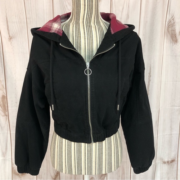 Forever 21 Cropped Jacket Hooded Lined Coat Drawstring Suede Black Size Small - Picture 4 of 16